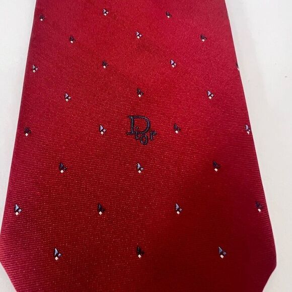 Christain Dior Dark Red with Blue Embroidered Logo Detail Tie - Picture 2 of 7